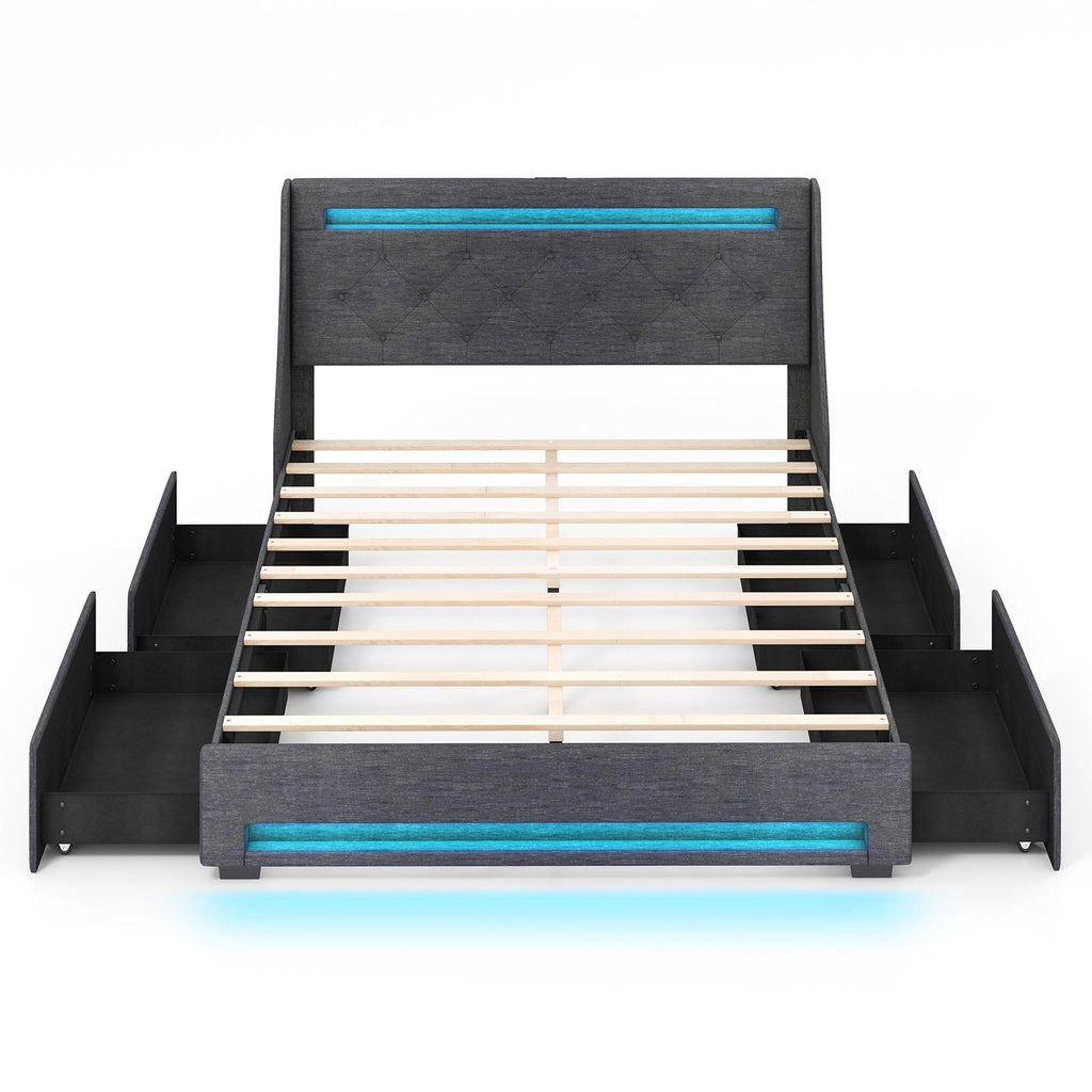 Queen Upholstered Storage Bed with RGB LED Lights, Charging Station and 4 Drawers