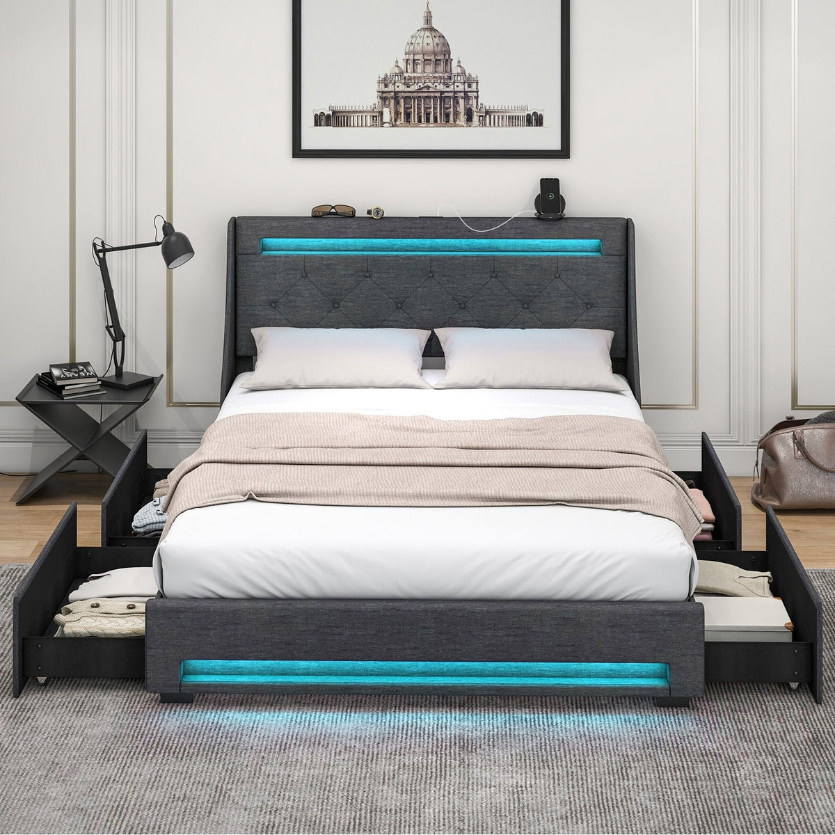 Queen Upholstered Storage Bed with RGB LED Lights, Charging Station and 4 Drawers