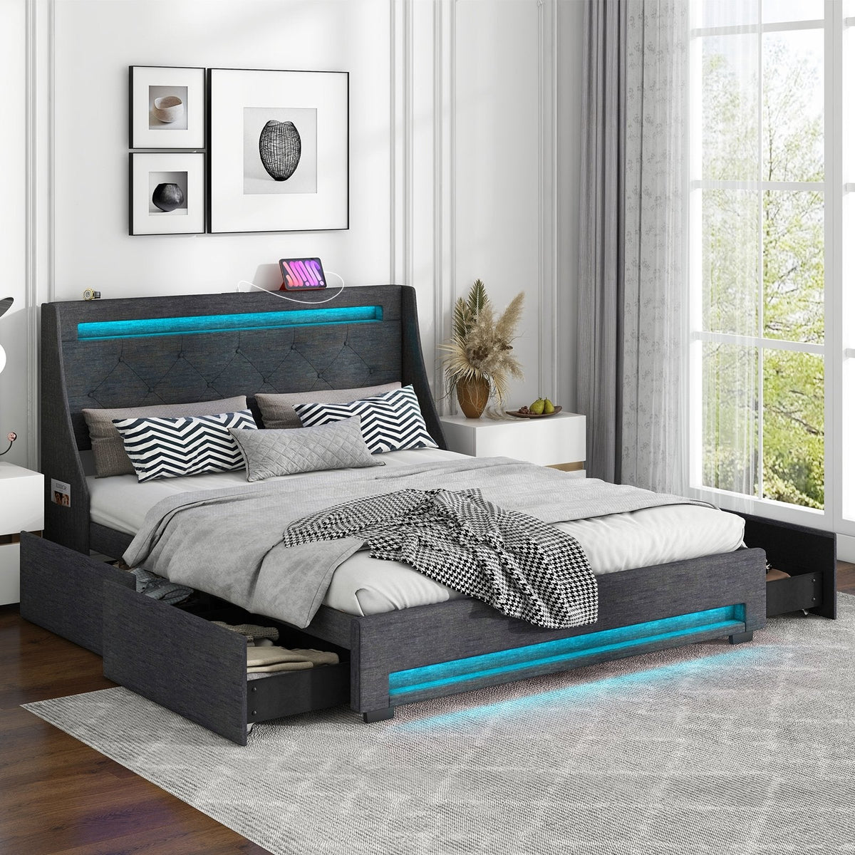 Queen Upholstered Storage Bed with RGB LED Lights, Charging Station and 4 Drawers