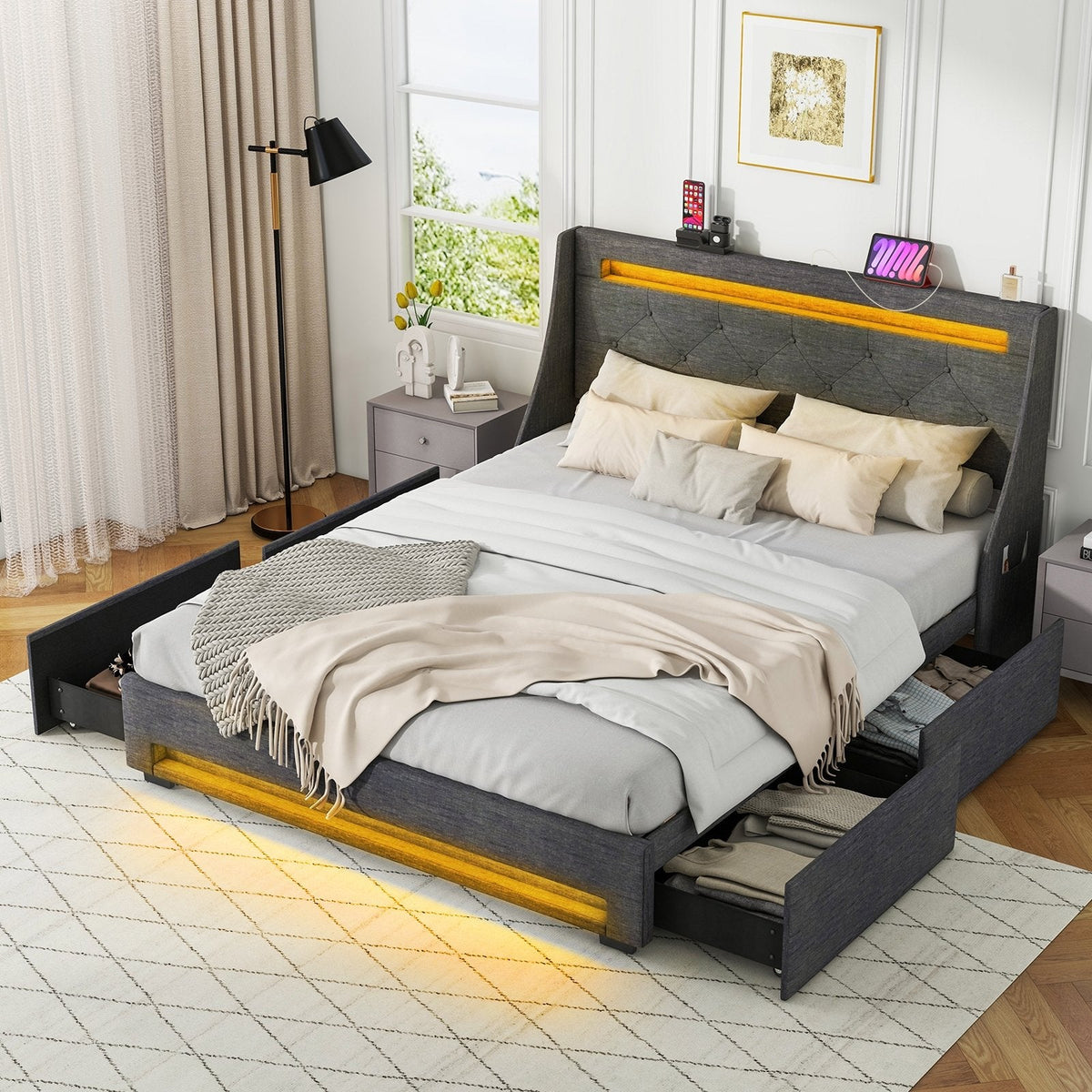 Queen Upholstered Storage Bed with RGB LED Lights, Charging Station and 4 Drawers