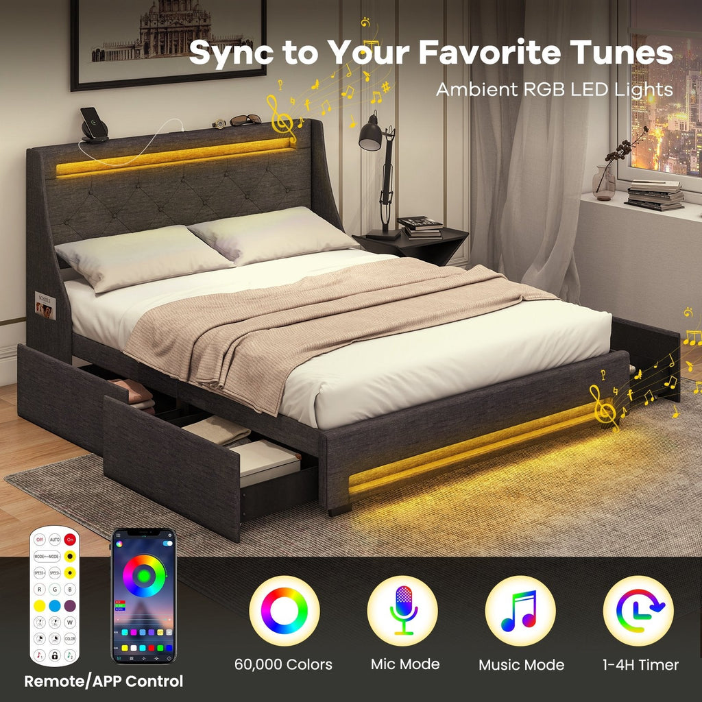 Queen Upholstered Storage Bed with RGB LED Lights, Charging Station and 4 Drawers