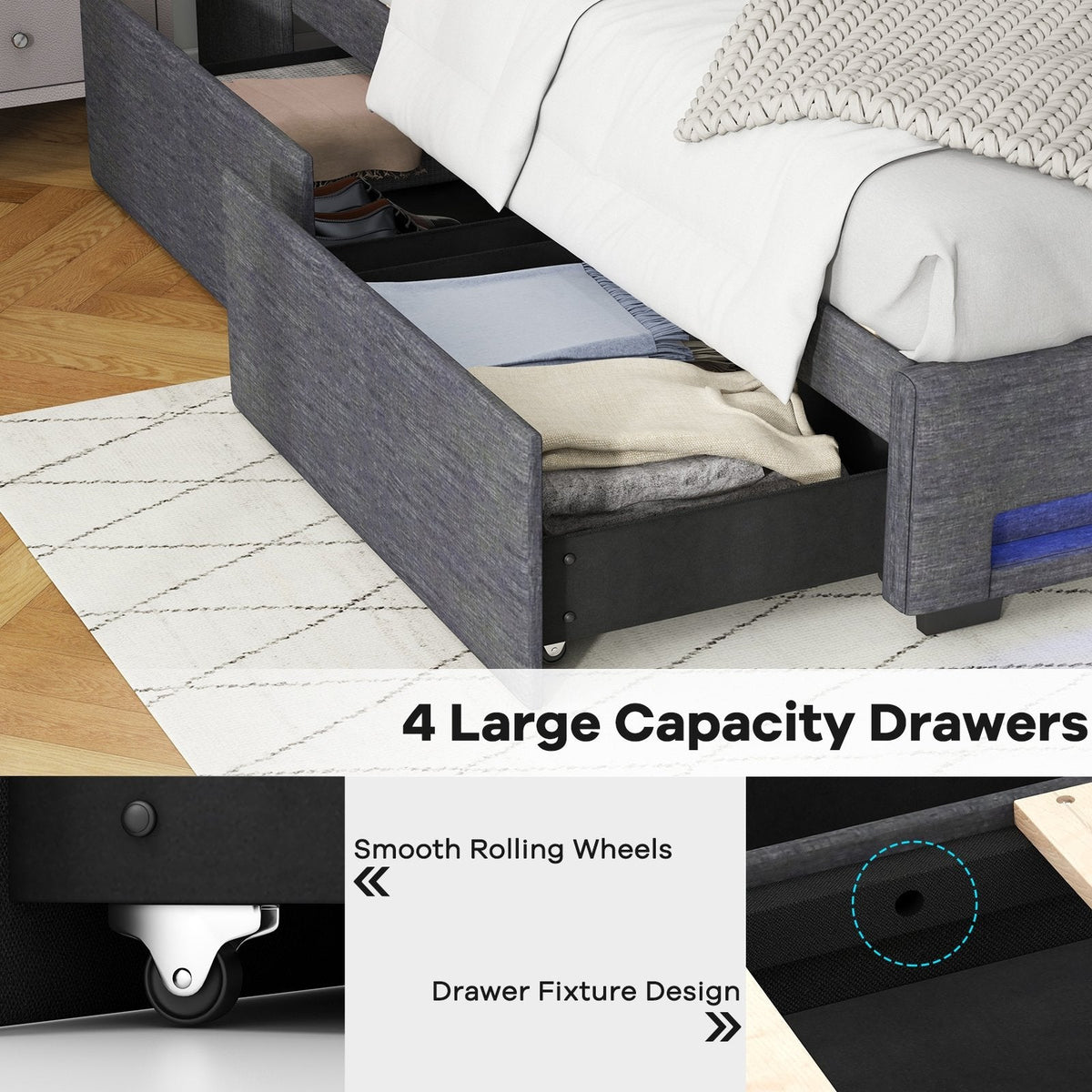 Queen Upholstered Storage Bed with RGB LED Lights, Charging Station and 4 Drawers