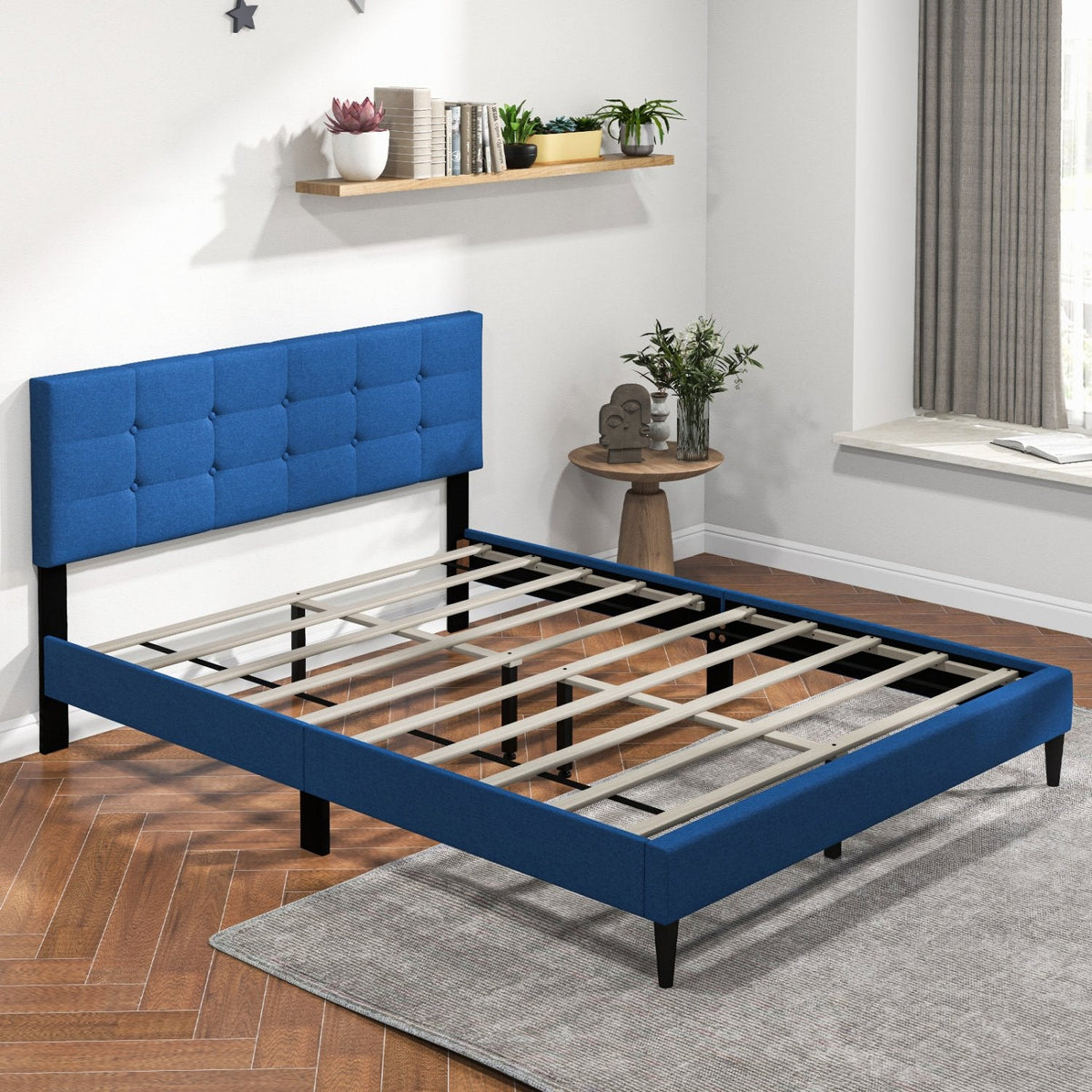 Queen Linen Platform Bed with Button Tufted Headboard and 10 Wooden Slats, Blue