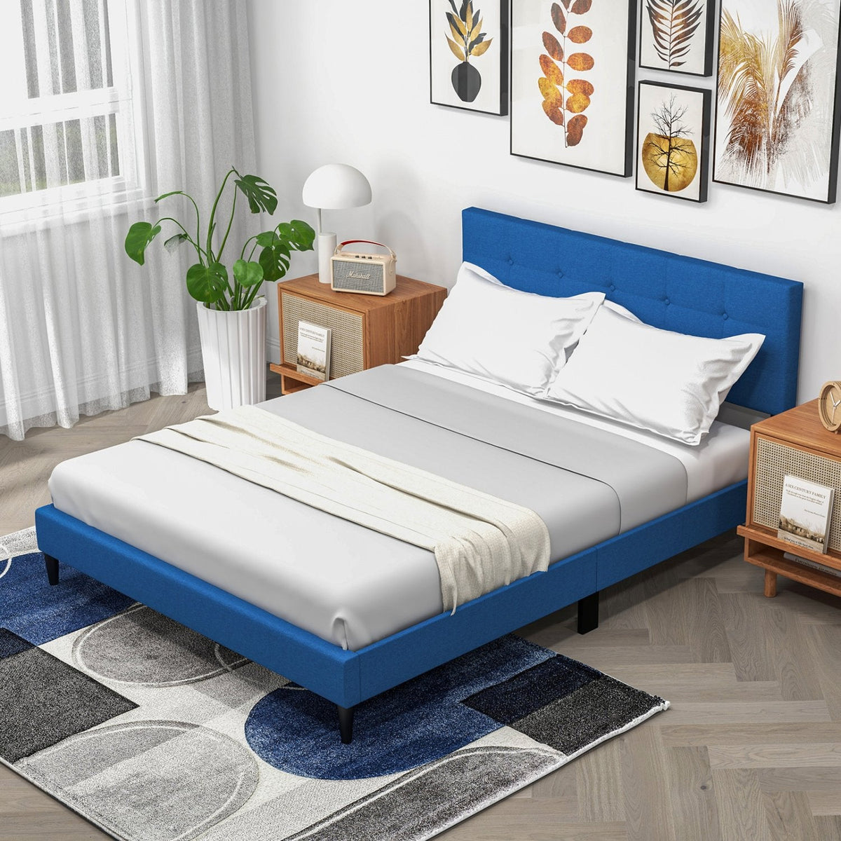 Queen Linen Platform Bed with Button Tufted Headboard and 10 Wooden Slats, Blue