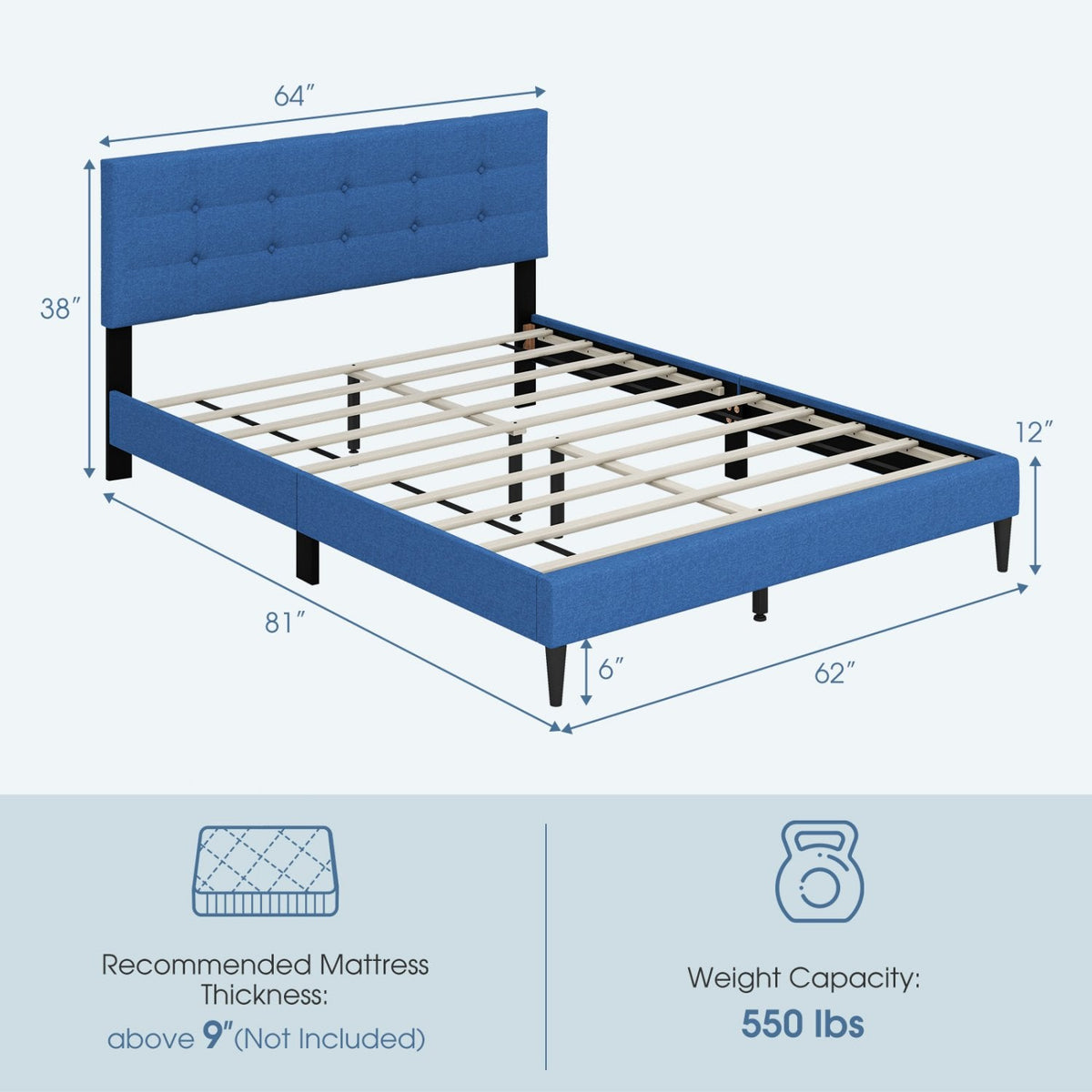 Queen Linen Platform Bed with Button Tufted Headboard and 10 Wooden Slats, Blue