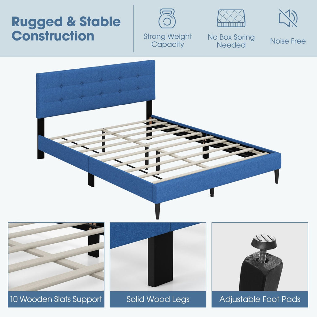 Queen Linen Platform Bed with Button Tufted Headboard and 10 Wooden Slats, Blue
