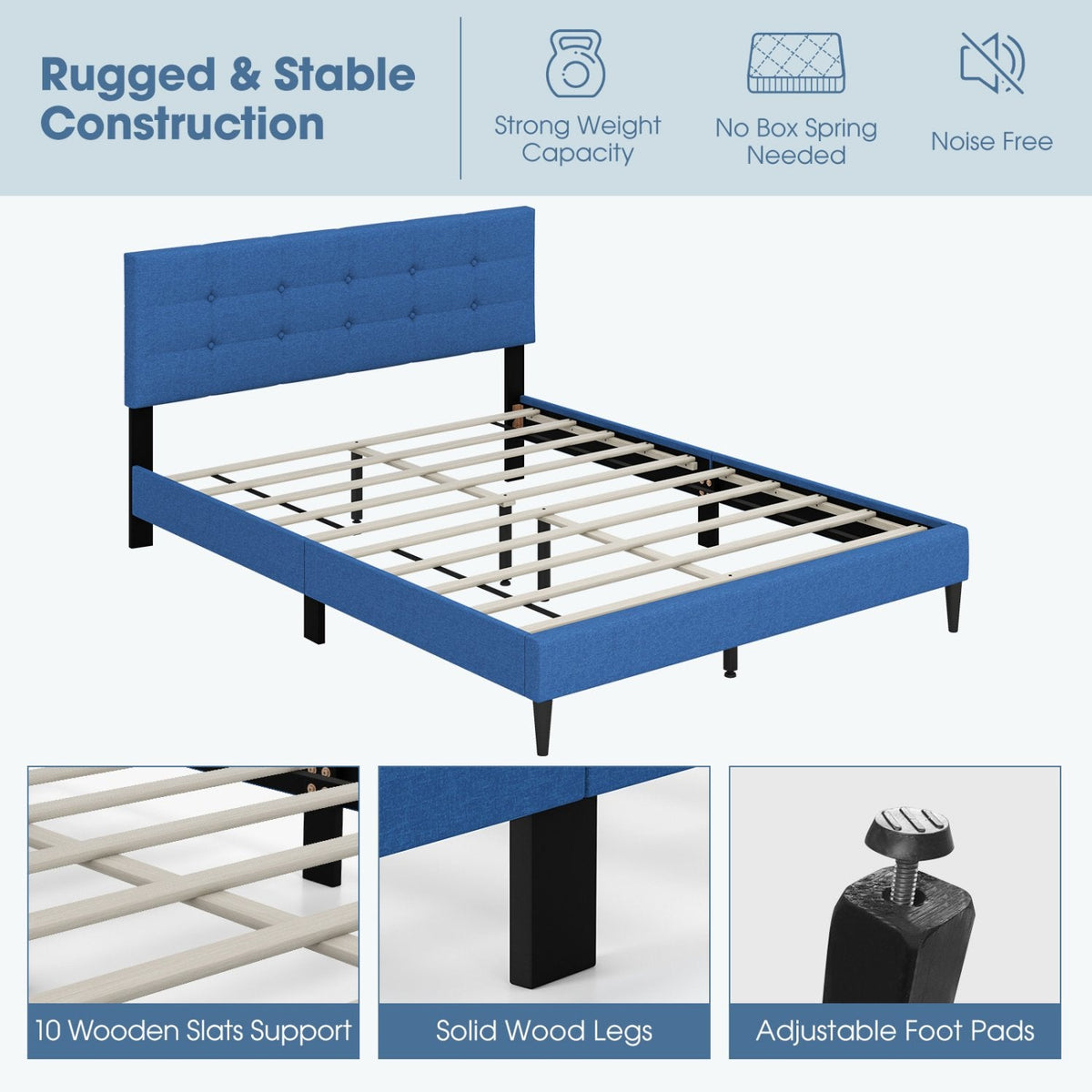 Queen Linen Platform Bed with Button Tufted Headboard and 10 Wooden Slats, Blue
