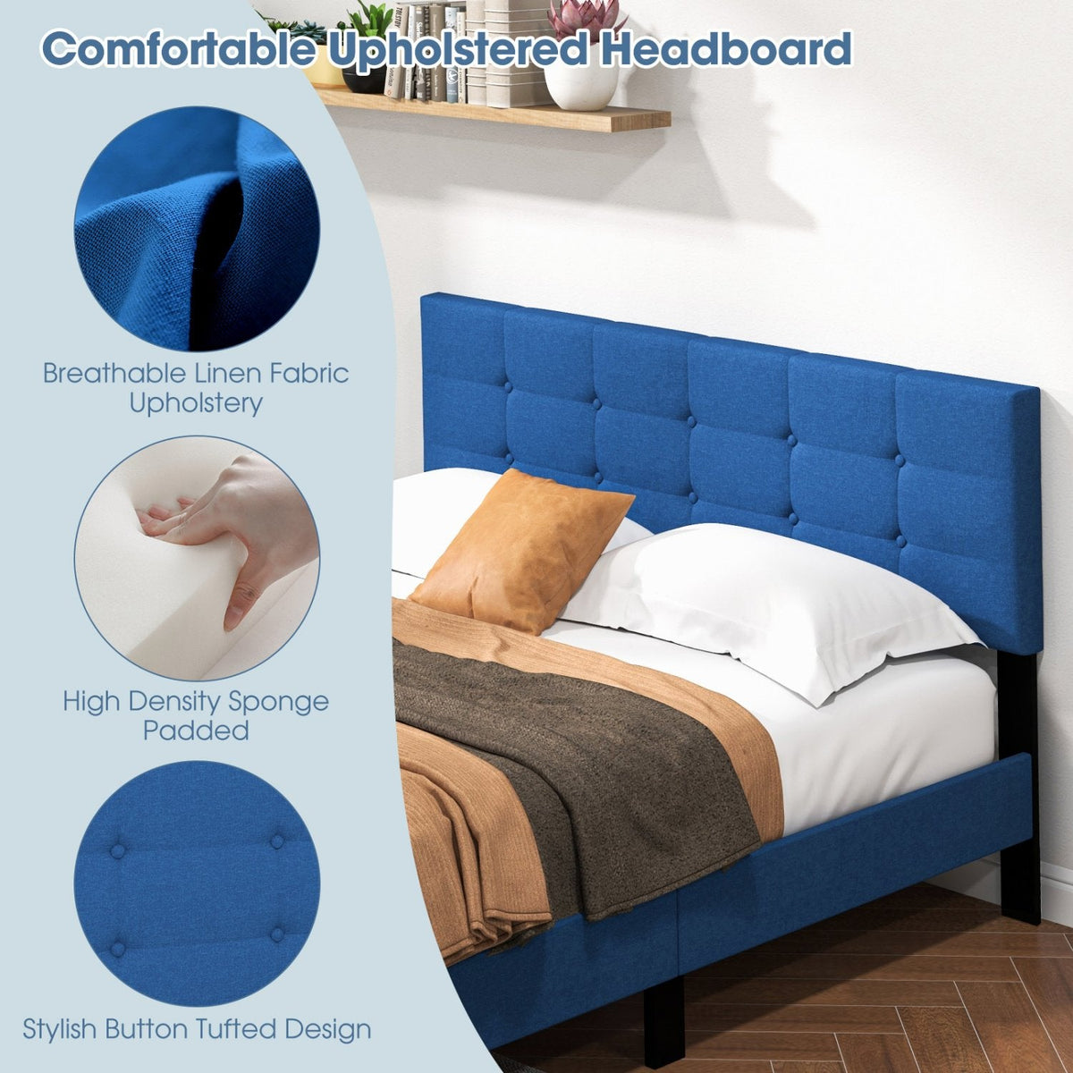 Queen Linen Platform Bed with Button Tufted Headboard and 10 Wooden Slats, Blue