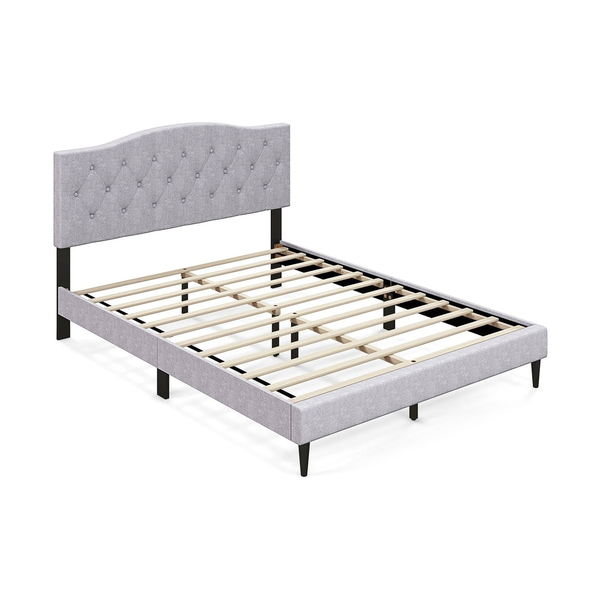 Queen Linen Platform Bed with Curved Button Tufted Headboard and 12 Slats