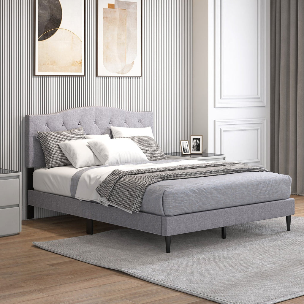 Queen Linen Platform Bed with Curved Button Tufted Headboard and 12 Slats