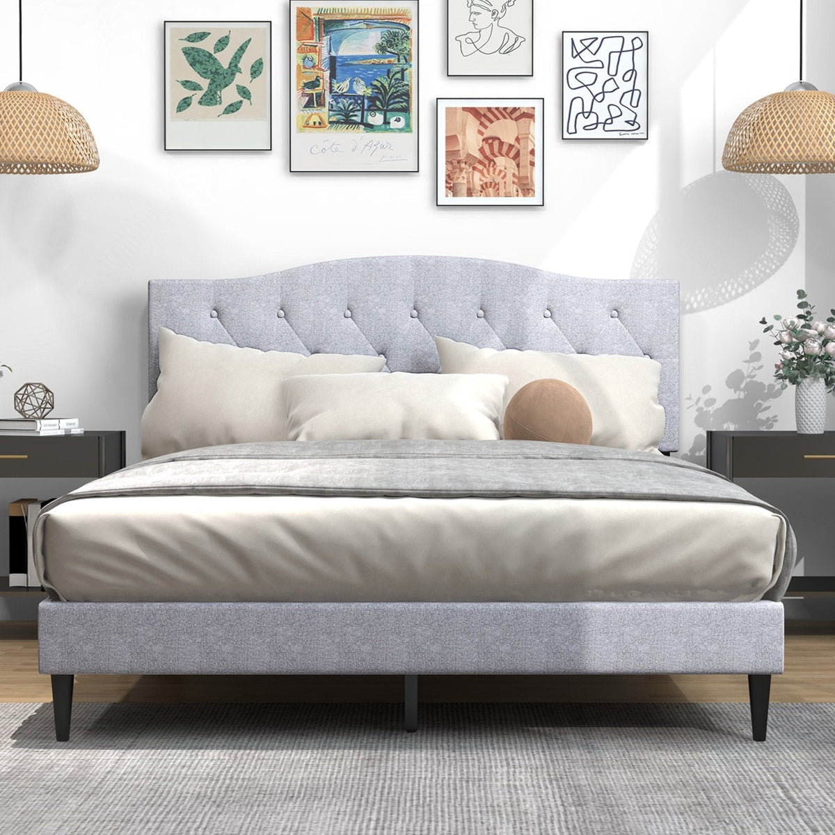 Queen Linen Platform Bed with Curved Button Tufted Headboard and 12 Slats