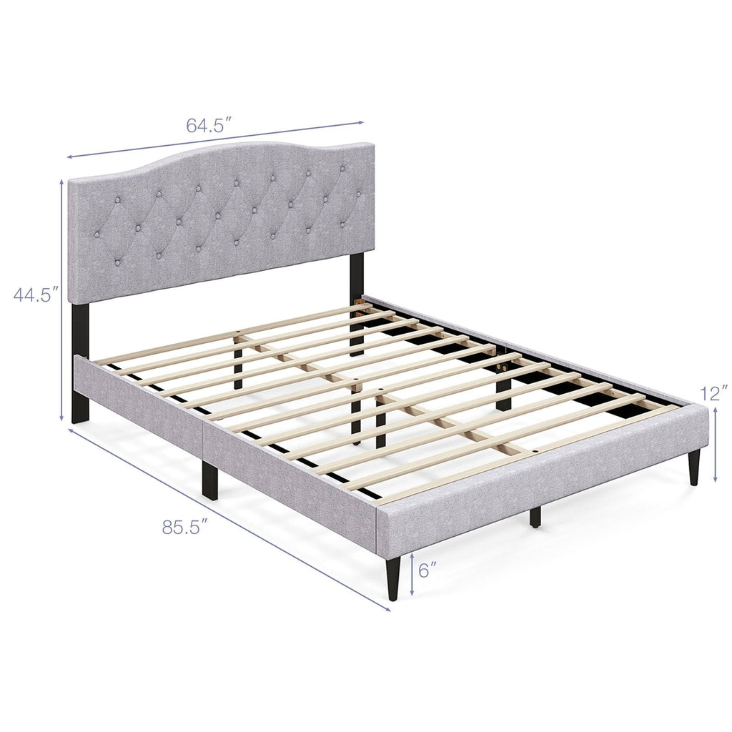 Queen Linen Platform Bed with Curved Button Tufted Headboard and 12 Slats
