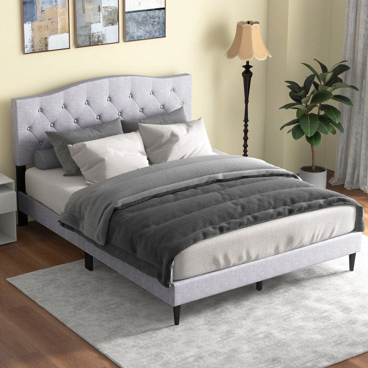Queen Linen Platform Bed with Curved Button Tufted Headboard and 12 Slats