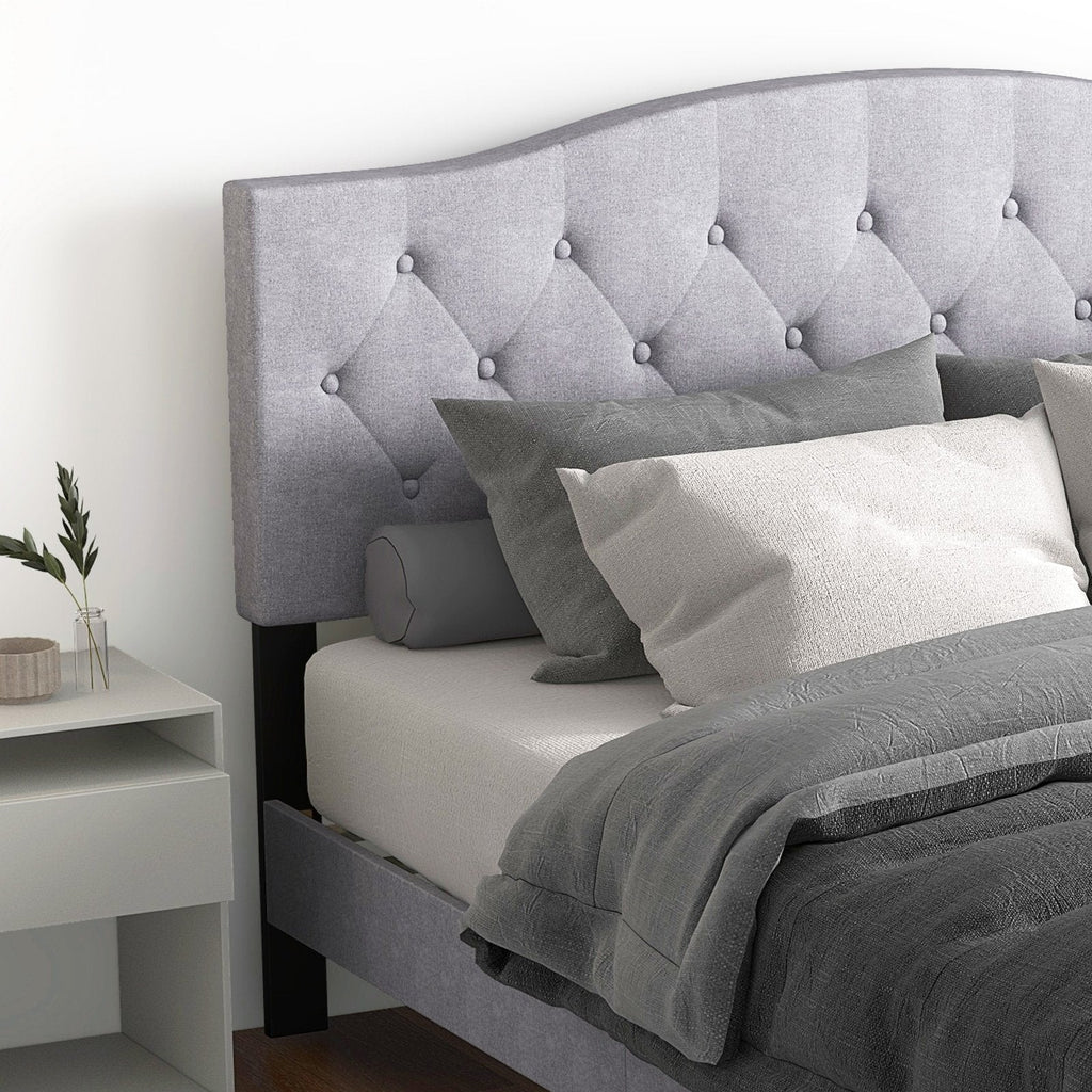 Queen Linen Platform Bed with Curved Button Tufted Headboard and 12 Slats