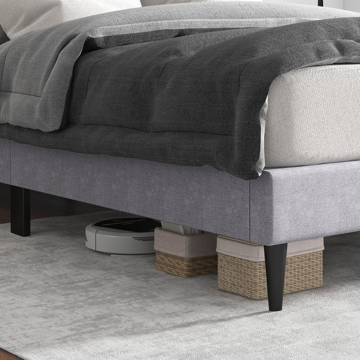 Queen Linen Platform Bed with Curved Button Tufted Headboard and 12 Slats