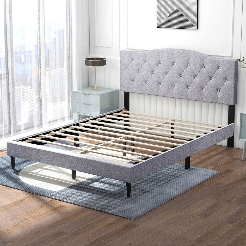 Queen Linen Platform Bed with Curved Button Tufted Headboard and 12 Slats