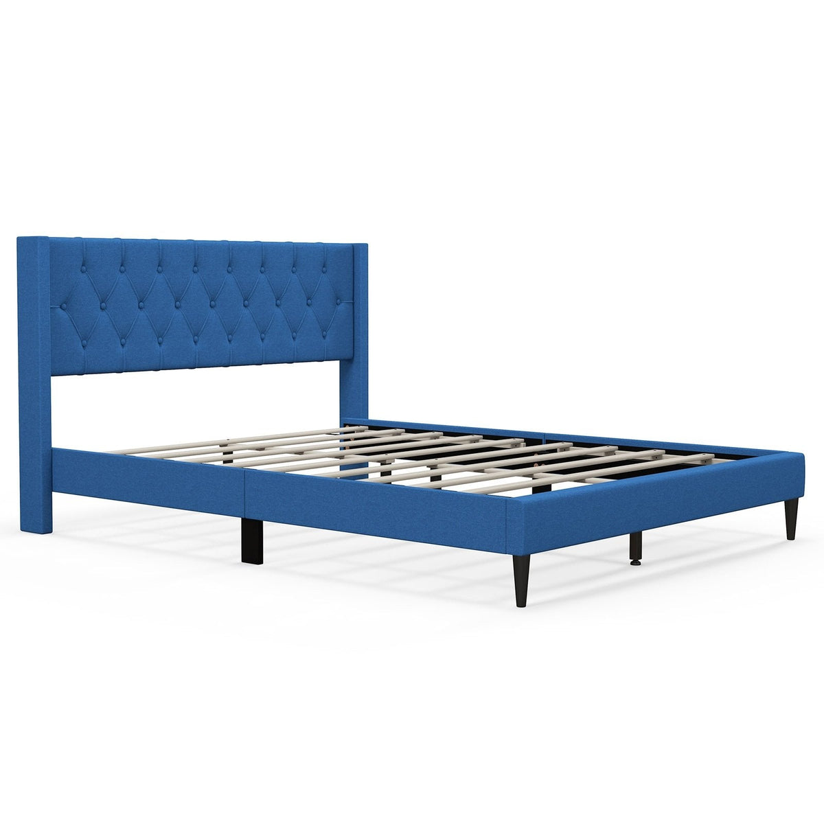 Queen Linen Platform Bed with Button Tufted Wingback Headboard, Blue
