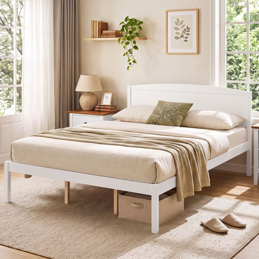 Queen Size Wooden Platform Bed Frame with Curved Headboard-White
