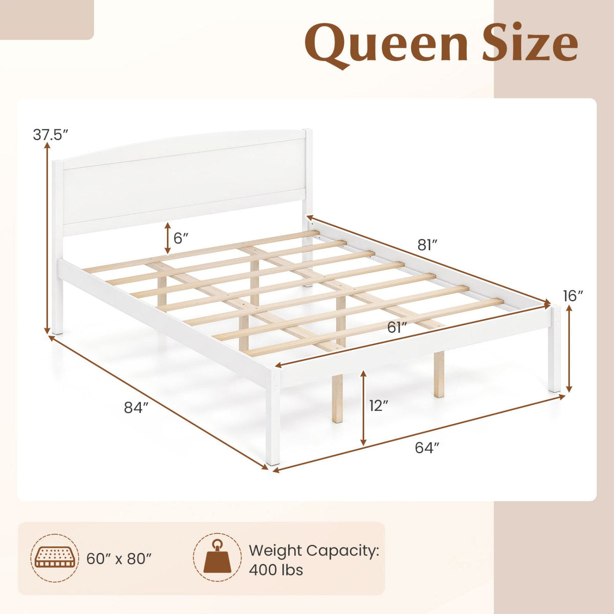 Queen Size Wooden Platform Bed Frame with Curved Headboard-White
