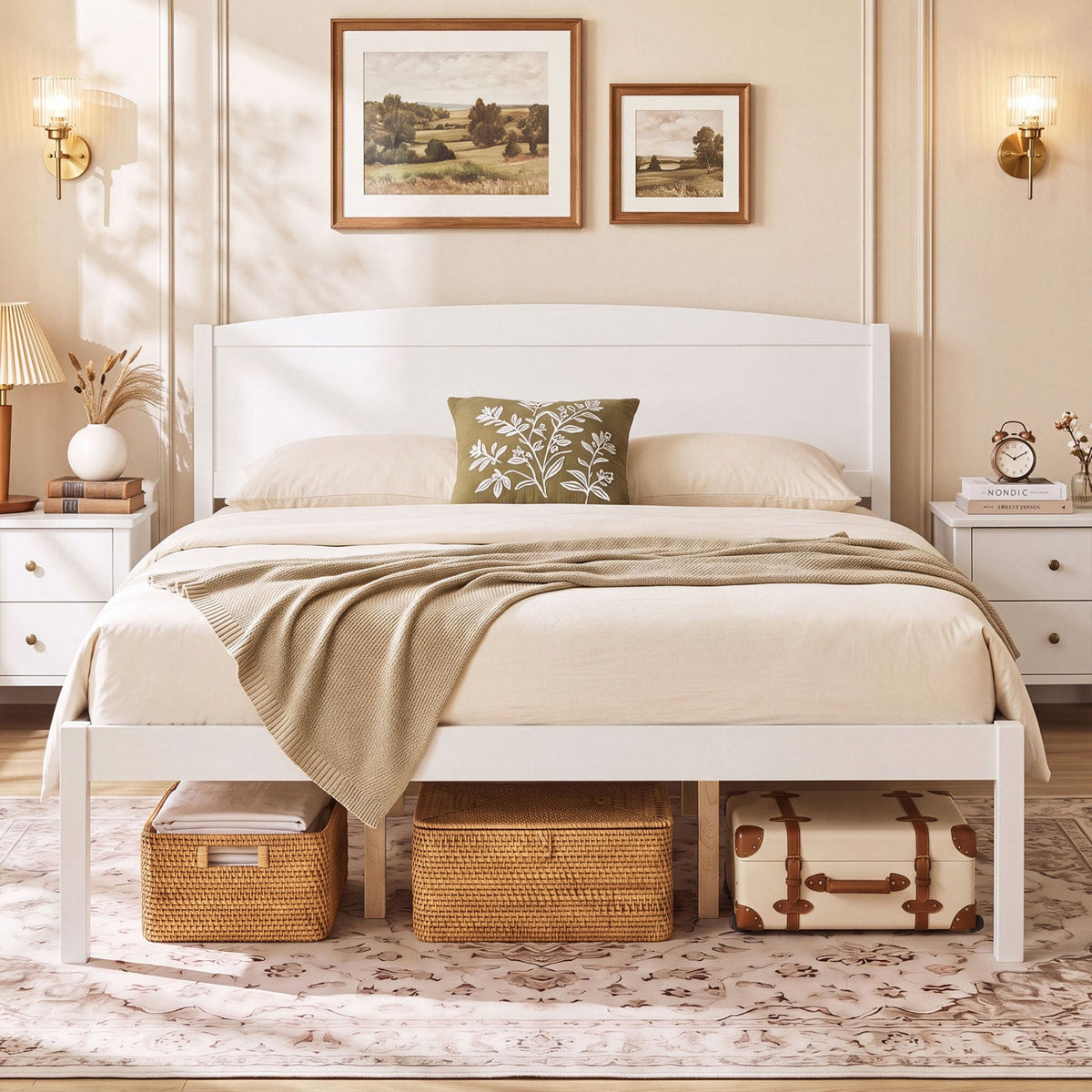 Queen Size Wooden Platform Bed Frame with Curved Headboard-White
