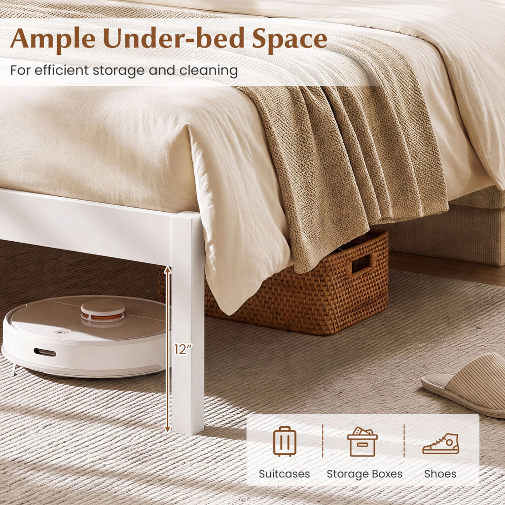 Queen Size Wooden Platform Bed Frame with Curved Headboard-White