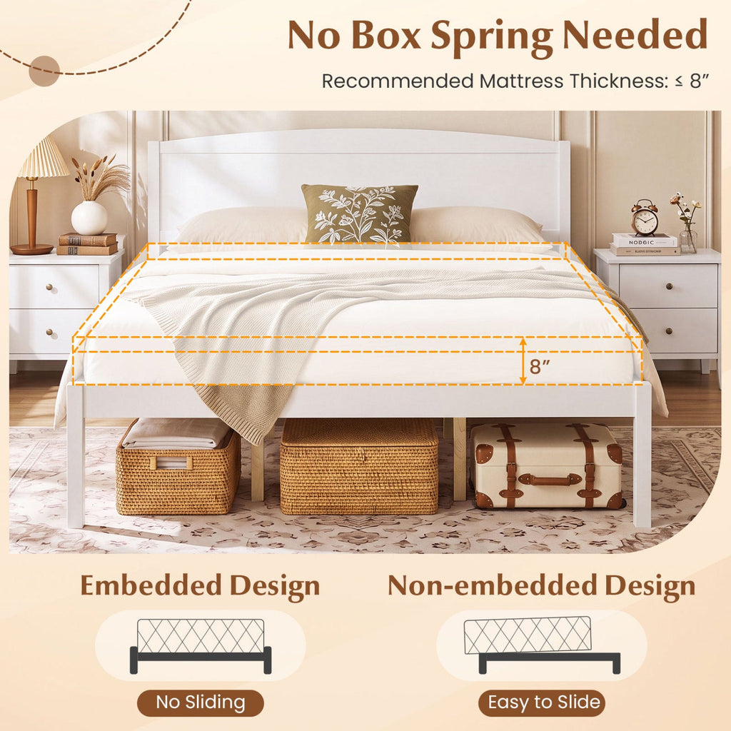 Queen Size Wooden Platform Bed Frame with Curved Headboard-White