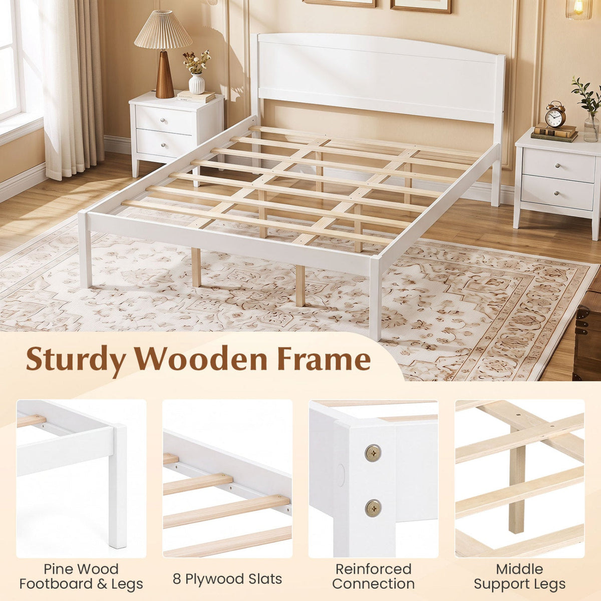 Queen Size Wooden Platform Bed Frame with Curved Headboard-White