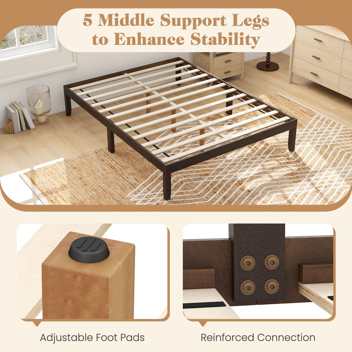 Queen Wood Platform Bed with 12 Plywood Slats and 4.5 Inch Slat Gap, Espresso