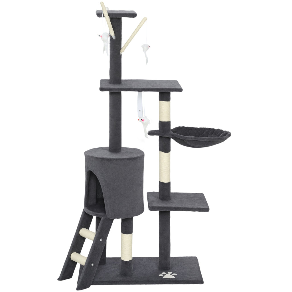 53" Cat Tree Tower, Kitten Activity Centre with Scratching Posts, Condo, Perches, Ladder, Hammock, Dangling Toys, Grey