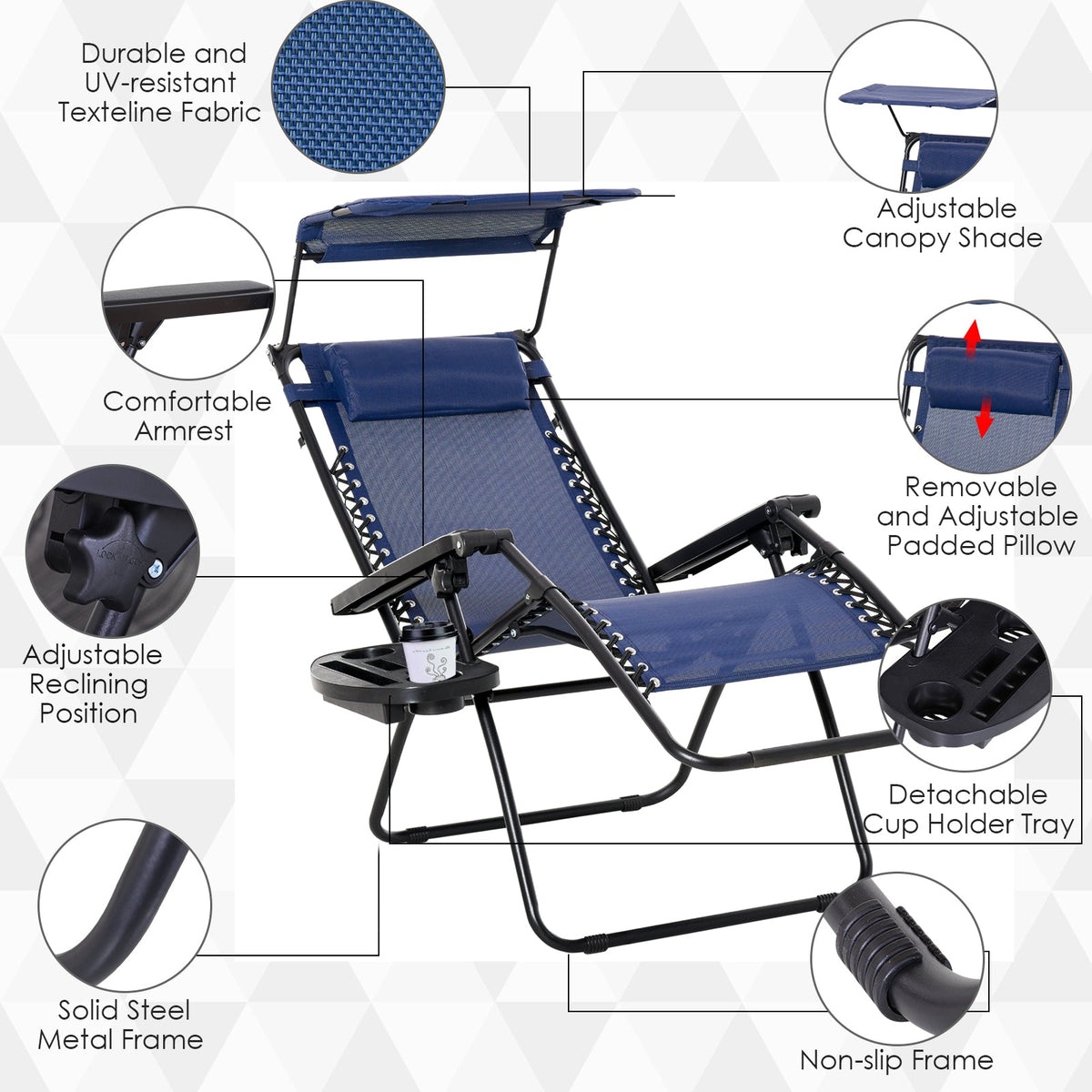 2 Piece Foldable Lounge Chair with Canopy Shade, Outdoor Zero Gravity Chair w/ Side Tray & Cup Holder, Reclining Lounger w/ Breathable Mesh Fabric Seat, Pillow, Sky Blue