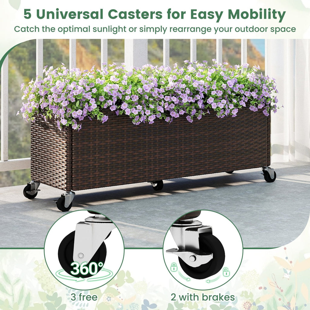 Raised Garden Bed PE Rattan Wicker Patio Planter Box with Wheels and Liner