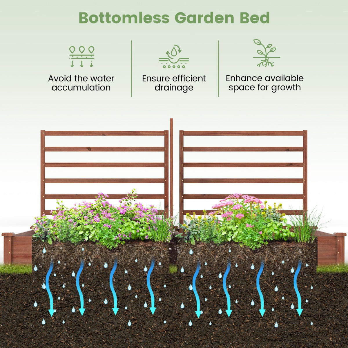 Raised Garden Bed with 2 Planter Boxes and 3 Trellis-Brown