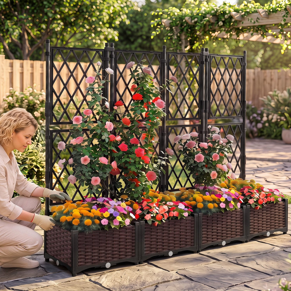 Raised Garden Bed with Lattice Trellis, Drainage Self-Watering Elevated Vertical Planter Boxes-Black