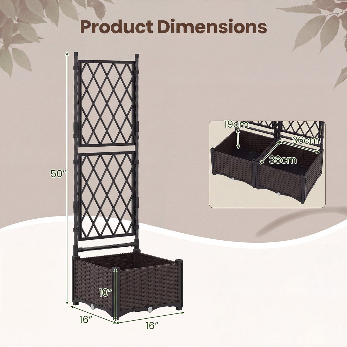 Raised Garden Bed with Lattice Trellis, Drainage Self-Watering Elevated Vertical Planter Boxes-Black