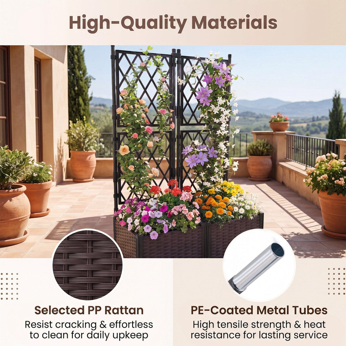 Raised Garden Bed with Lattice Trellis, Drainage Self-Watering Elevated Vertical Planter Boxes-Black
