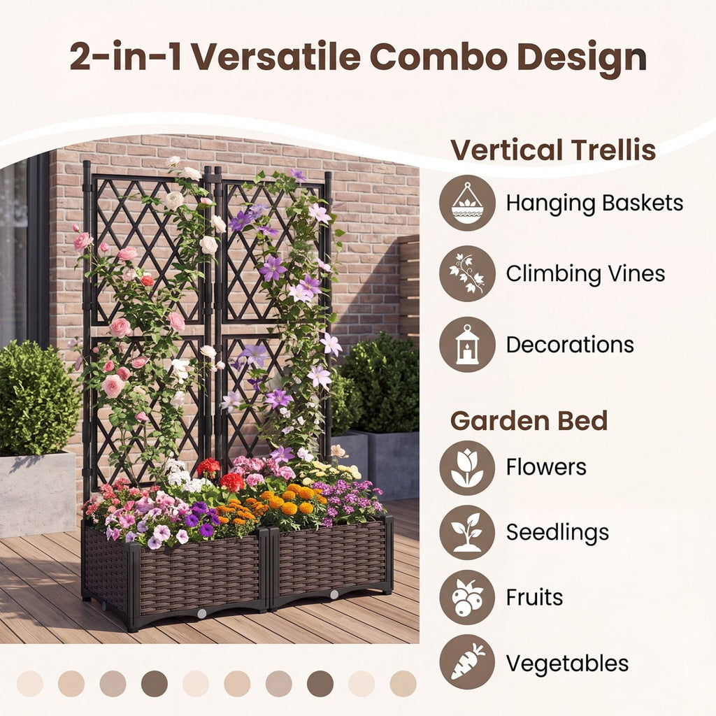 Raised Garden Bed with Lattice Trellis, Drainage Self-Watering Elevated Vertical Planter Boxes-Black