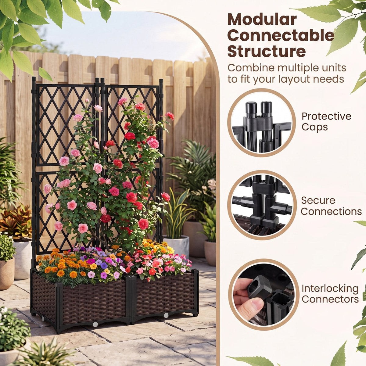 Raised Garden Bed with Lattice Trellis, Drainage Self-Watering Elevated Vertical Planter Boxes-Black