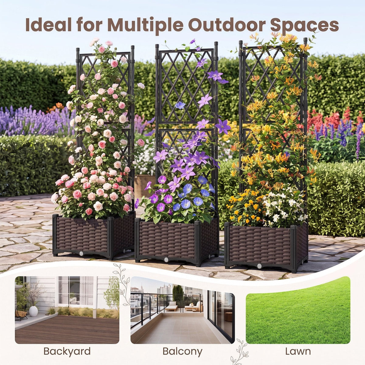 Raised Garden Bed with Lattice Trellis, Drainage Self-Watering Elevated Vertical Planter Boxes-Black