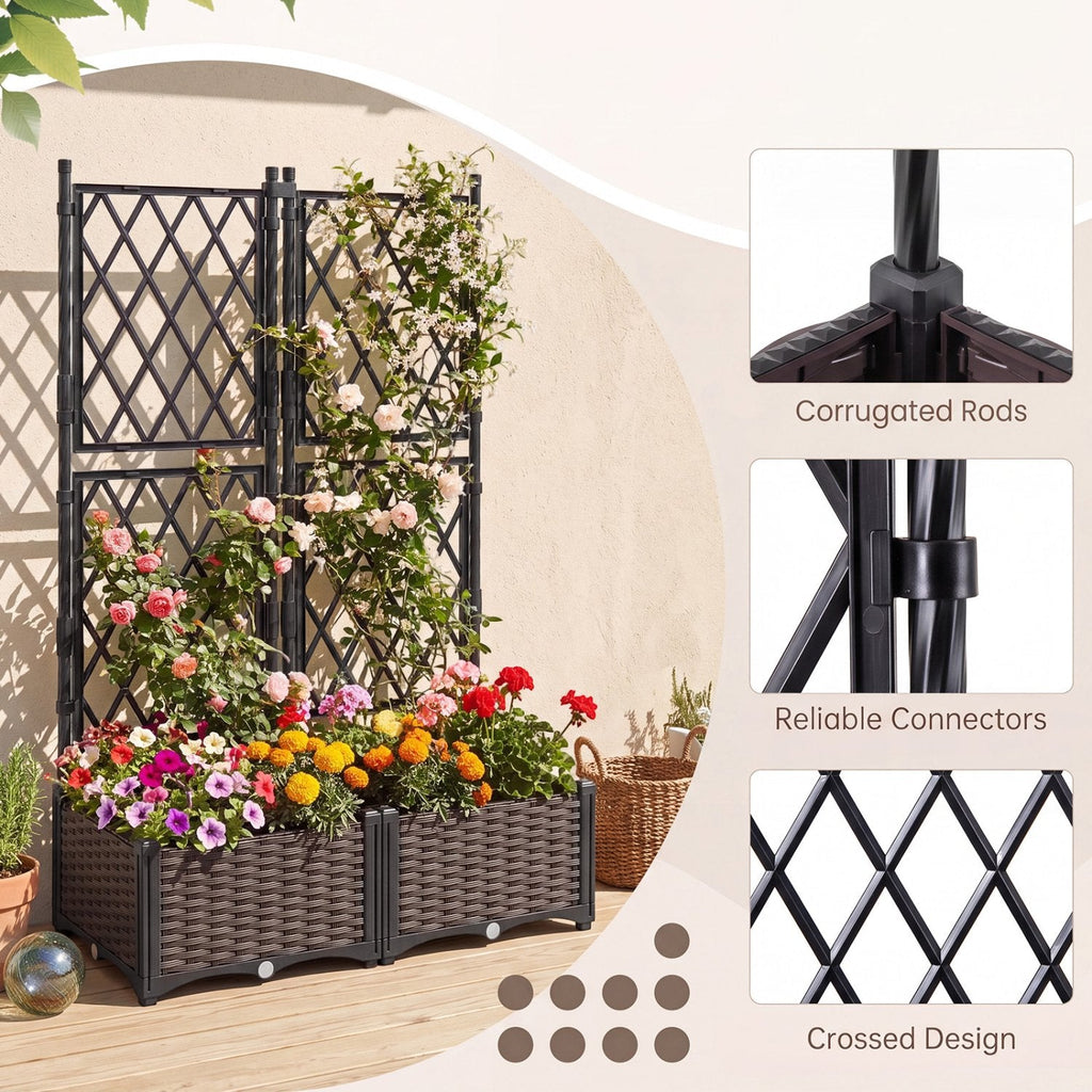 Raised Garden Bed with Lattice Trellis, Drainage Self-Watering Elevated Vertical Planter Boxes-Black
