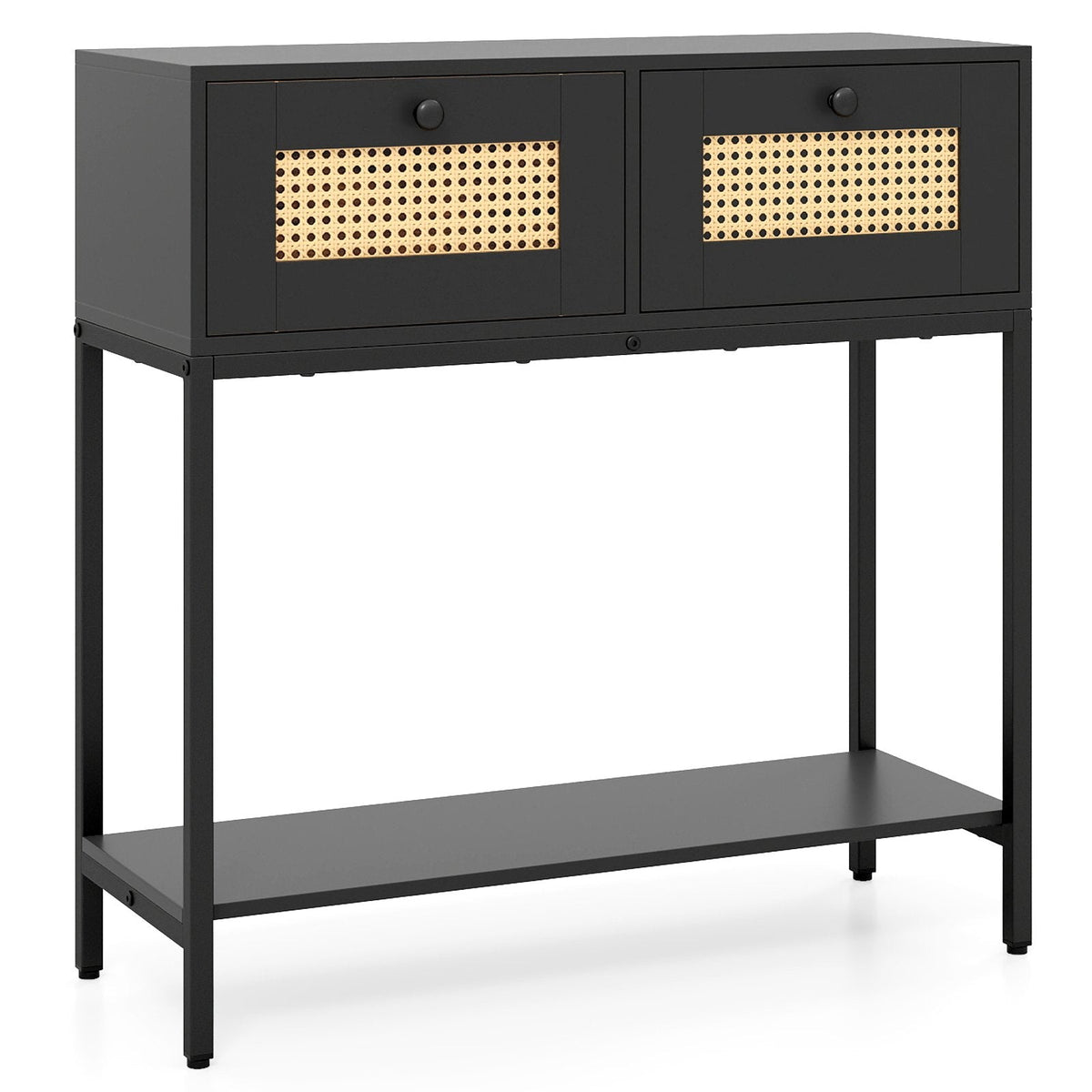 Rattan Console Table Boho Entryway Table with 2 Rattan Drawers and Open Storage Shelf-Black