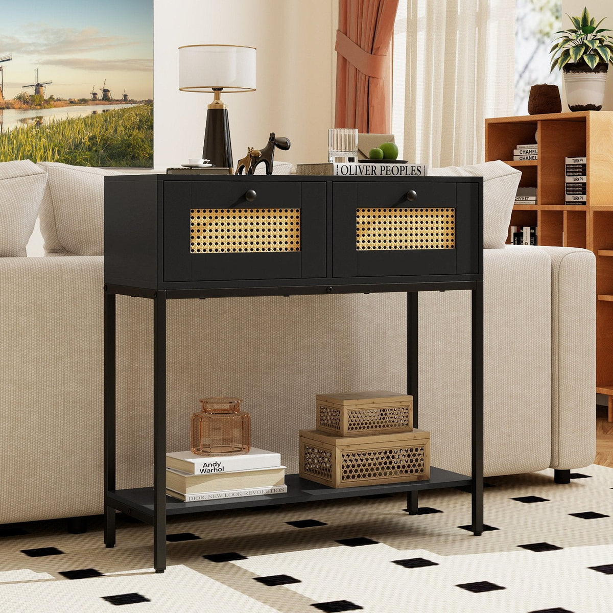 Rattan Console Table Boho Entryway Table with 2 Rattan Drawers and Open Storage Shelf-Black