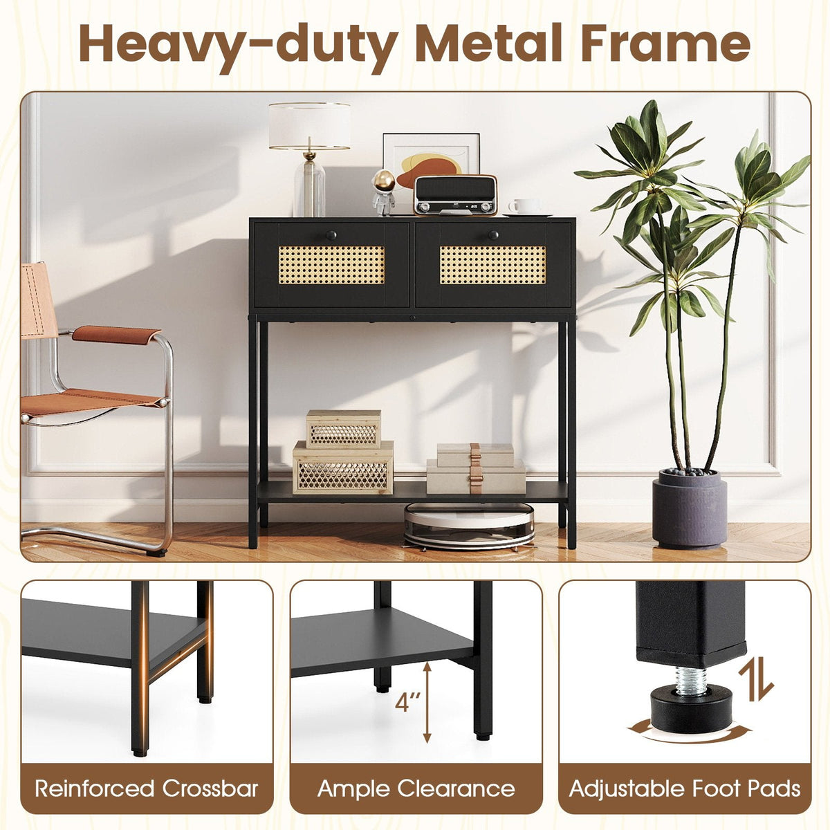 Rattan Console Table Boho Entryway Table with 2 Rattan Drawers and Open Storage Shelf-Black
