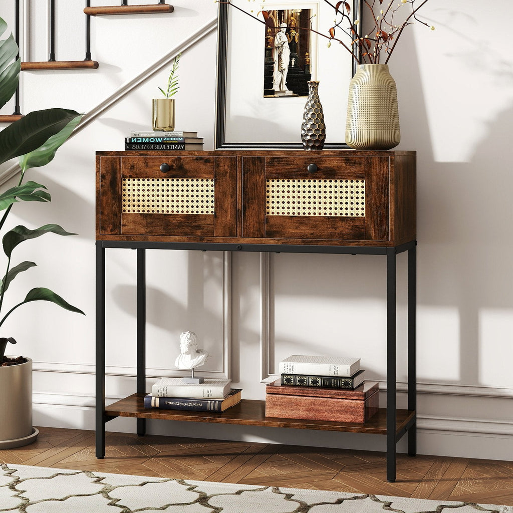 Rattan Console Table Boho Entryway Table with 2 Rattan Drawers and Open Storage Shelf-Rustic Brown
