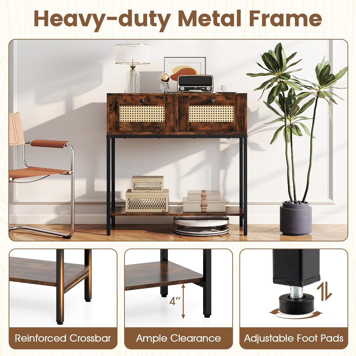 Rattan Console Table Boho Entryway Table with 2 Rattan Drawers and Open Storage Shelf-Rustic Brown