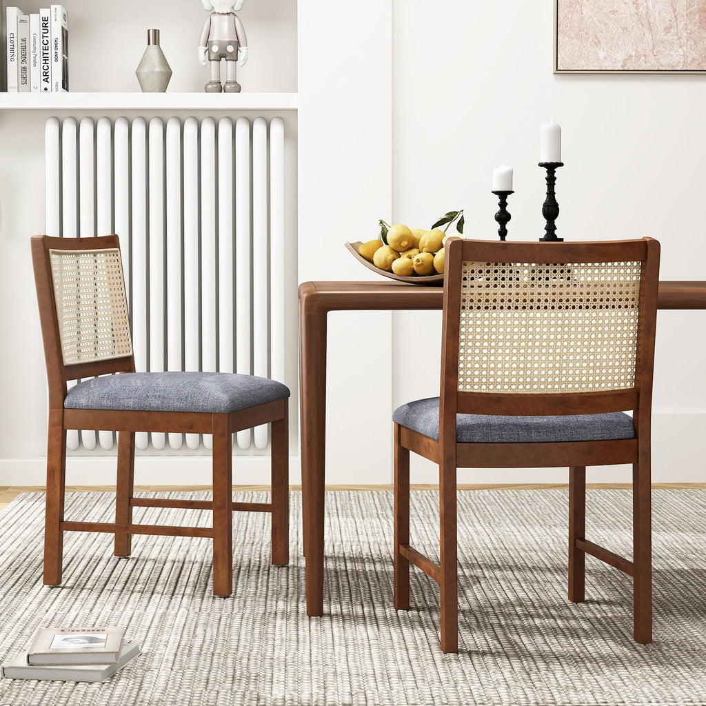 Set of 2 Cane Back Dining Chairs, Walnut Rubber Wood with Blue Grey Linen Padded Seat