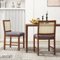Set of 2 Cane Back Dining Chairs, Walnut Rubber Wood with Blue Grey Linen Padded Seat