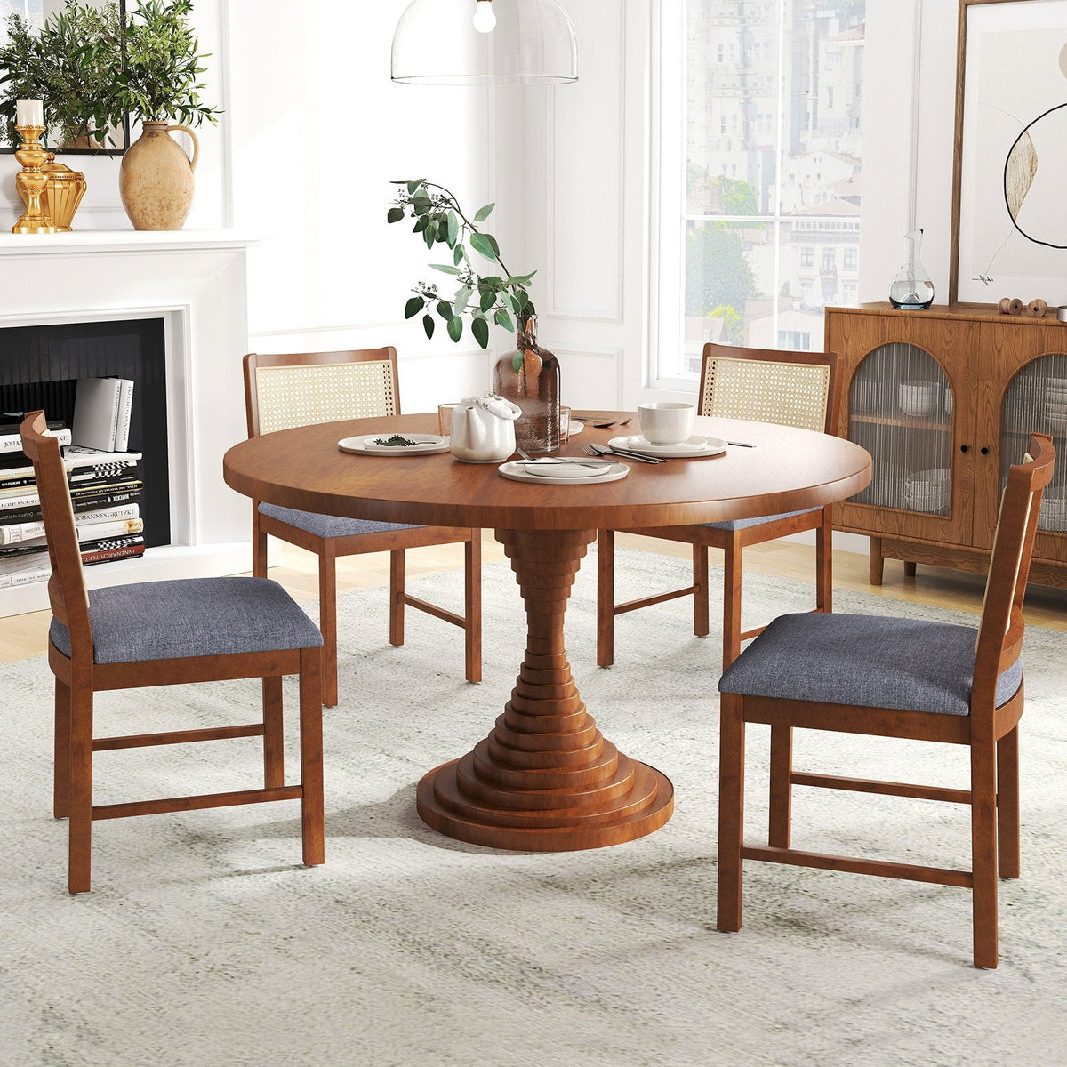 Set of 2 Cane Back Dining Chairs, Walnut Rubber Wood with Blue Grey Linen Padded Seat