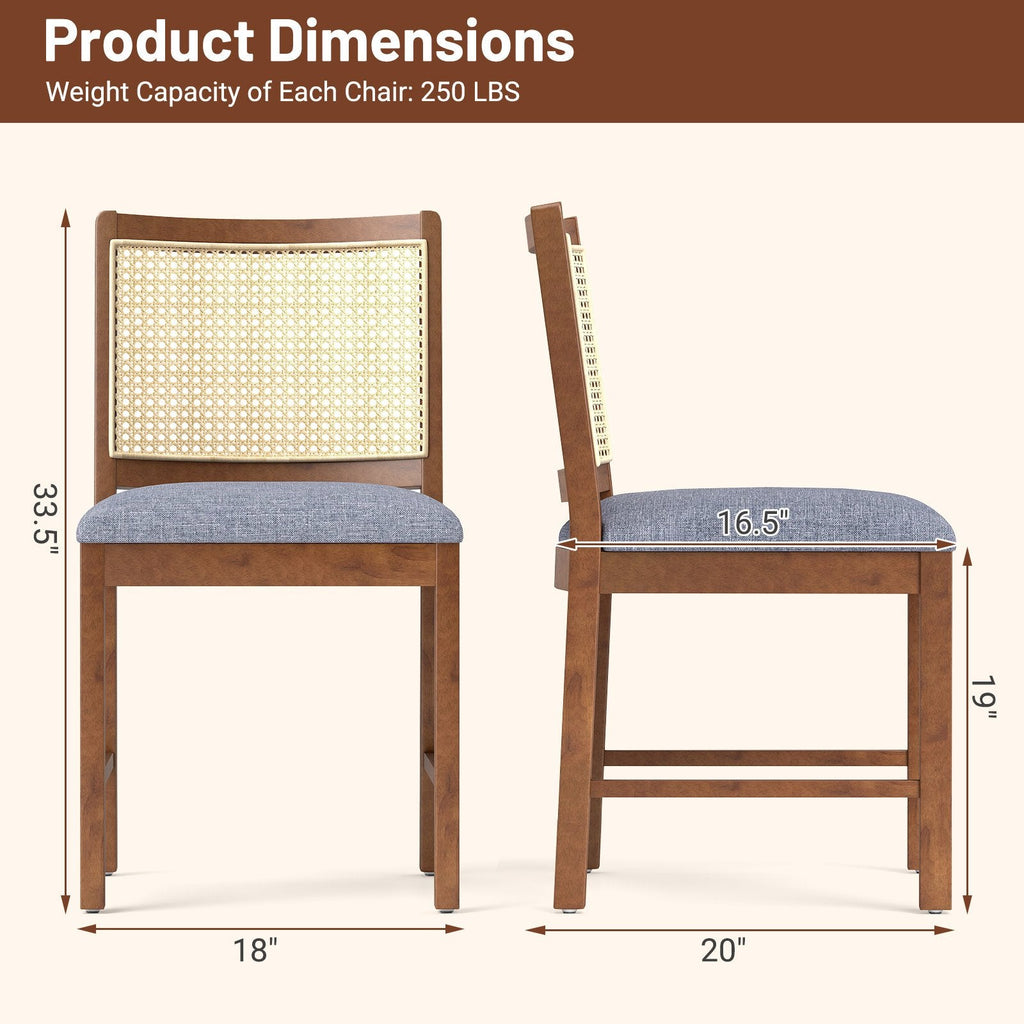 Set of 2 Cane Back Dining Chairs, Walnut Rubber Wood with Blue Grey Linen Padded Seat