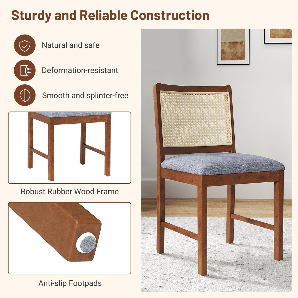 Set of 2 Cane Back Dining Chairs, Walnut Rubber Wood with Blue Grey Linen Padded Seat