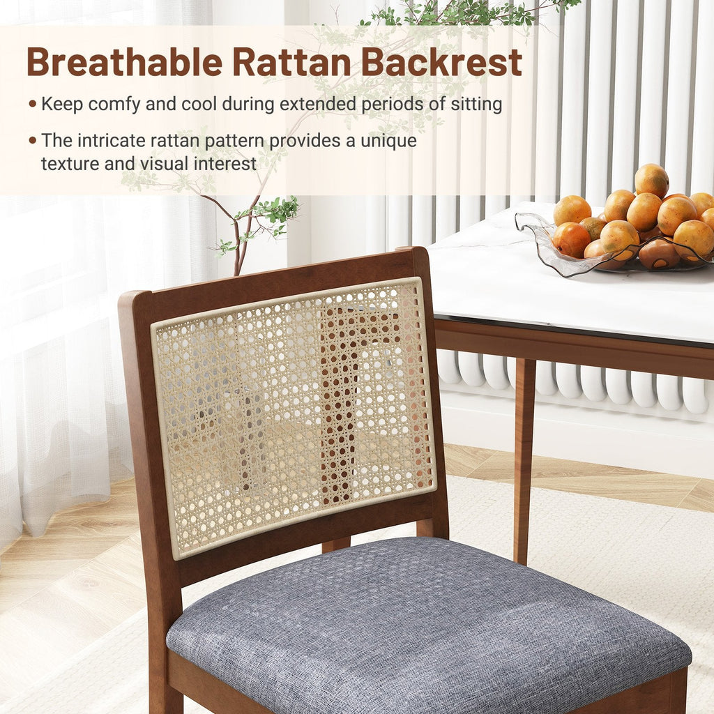 Set of 2 Cane Back Dining Chairs, Walnut Rubber Wood with Blue Grey Linen Padded Seat